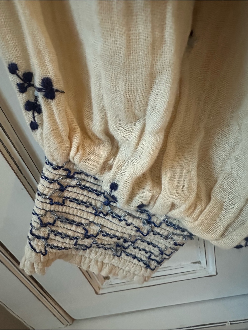 Free People Cream Smocked Jumpsuit with Navy Embroidery - Picture 4 of 6